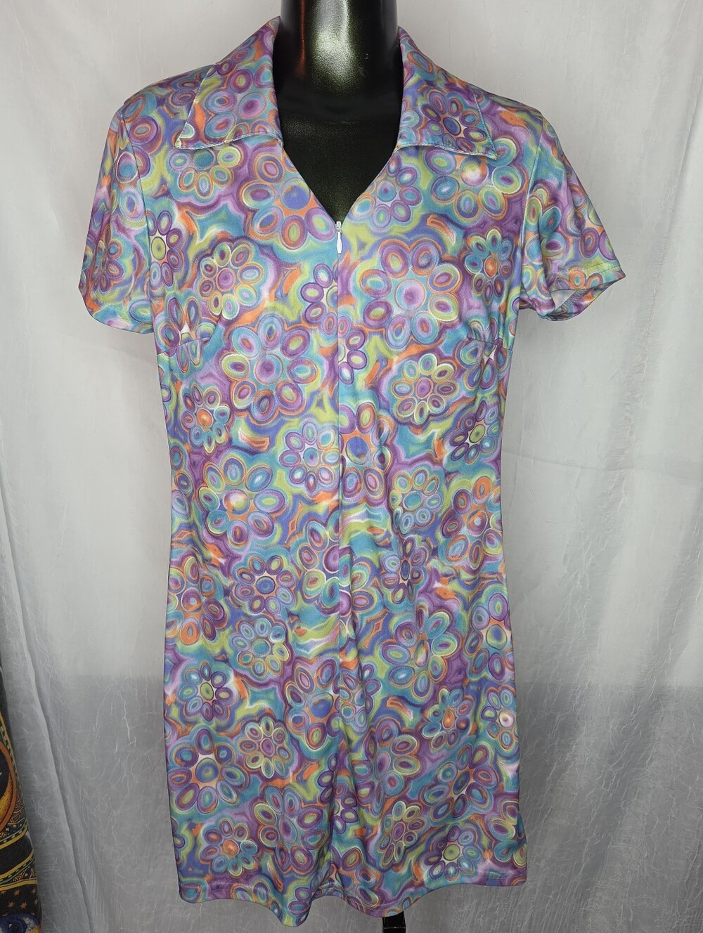 Vintage 90s Y2K Psychedelic Hippie Floral Costume Go-go Dancer Mini Dress Small